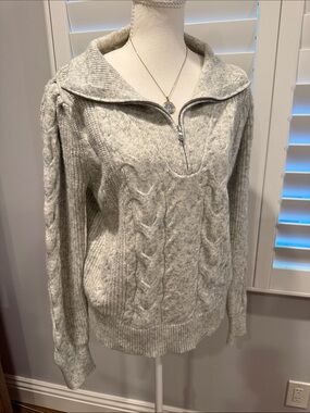 LOFT Light Gray Cable-Knit Half-Zip Sweater